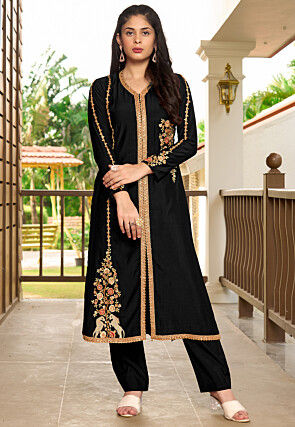 Embroidered Art Silk A Line Kurta Set in Black