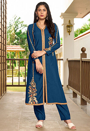 Embroidered Art Silk A Line Kurta Set in Blue