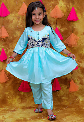 Embroidered Art Silk A Line Kurta Set in Blue