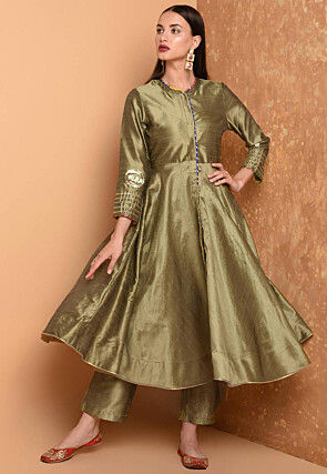 Embroidered Art Silk A Line Kurta Set in Dusty Green