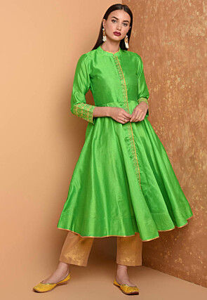 Embroidered Art Silk A Line Kurta Set in Light Green