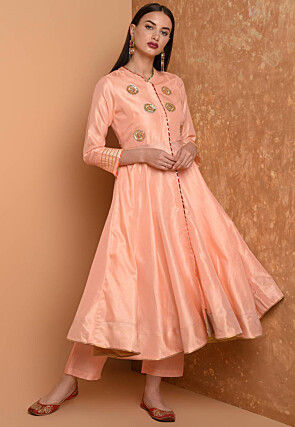 Embroidered Art Silk A Line Kurta Set in Peach