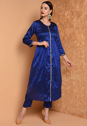 Embroidered Art Silk A Line Kurta Set in Royal Blue