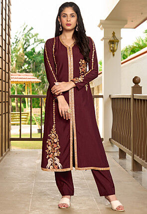 Embroidered Art Silk A Line Kurta Set in Wine