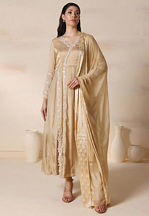 Embroidered Art Silk A Line Suit in Beige