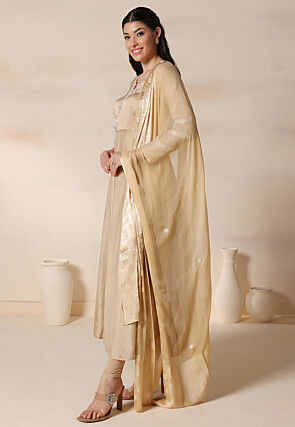 Embroidered Art Silk A Line Suit in Beige