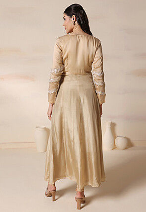 Embroidered Art Silk A Line Suit in Beige
