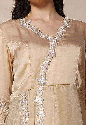 Embroidered Art Silk A Line Suit in Beige
