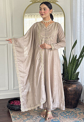 Embroidered Art Silk A Line Suit in Beige