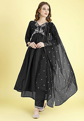 Embroidered Art Silk A Line Suit in Black