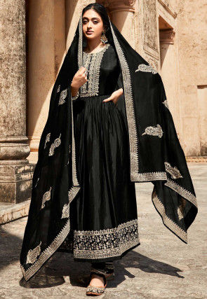 Embroidered Art Silk A Line Suit in Black
