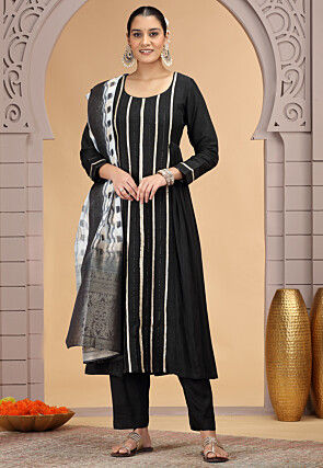 Embroidered Art Silk A Line Suit in Black