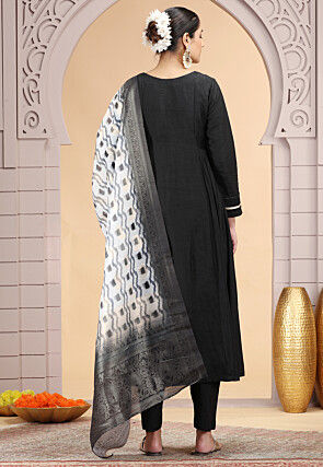 Embroidered Art Silk A Line Suit in Black
