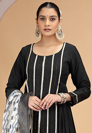 Embroidered Art Silk A Line Suit in Black