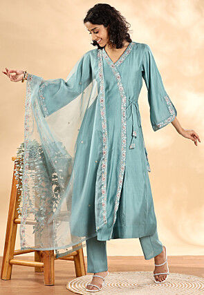 Embroidered Art Silk A Line Suit in Blue
