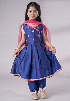 Embroidered Art Silk A Line Suit in Blue