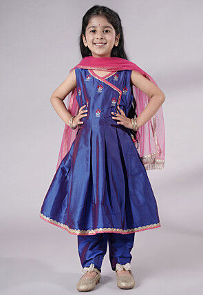 Embroidered Art Silk A Line Suit in Blue