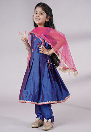 Embroidered Art Silk A Line Suit in Blue