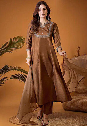 Embroidered Art Silk A Line Suit in Brown