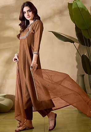 Embroidered Art Silk A Line Suit in Brown
