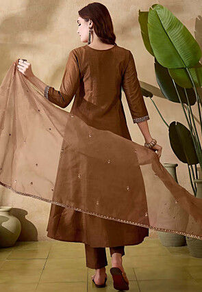 Embroidered Art Silk A Line Suit in Brown