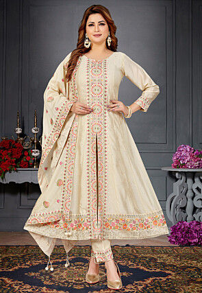 Embroidered Art Silk A Line Suit in Cream
