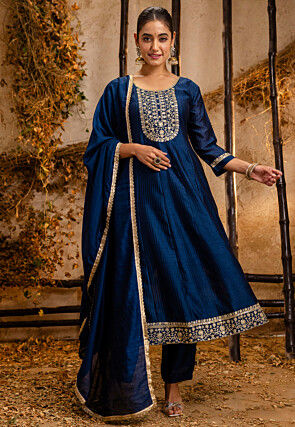Embroidered Art Silk Anarkali Suit in Dark Blue