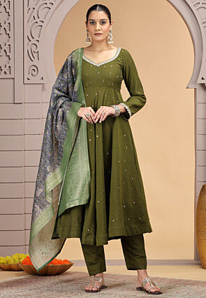 Embroidered Art Silk A Line Suit in Dark Olive Green