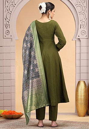 Embroidered Art Silk A Line Suit in Dark Olive Green