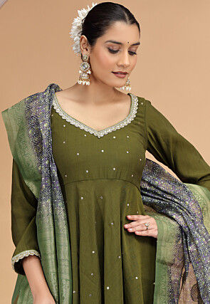 Embroidered Art Silk A Line Suit in Dark Olive Green