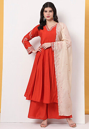 Embroidered Art Silk A Line Suit in Dark Orange