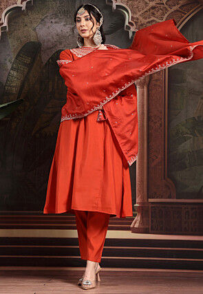 Embroidered Art Silk A Line Suit in Dark Orange