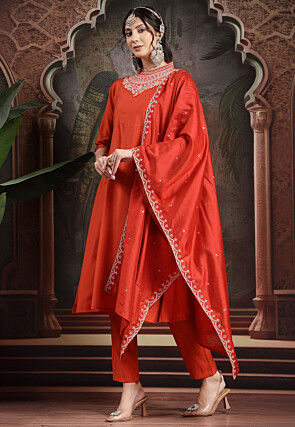 Embroidered Art Silk A Line Suit in Dark Orange