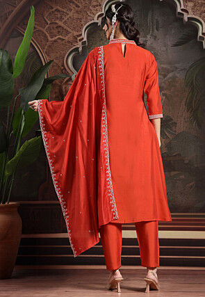 Embroidered Art Silk A Line Suit in Dark Orange
