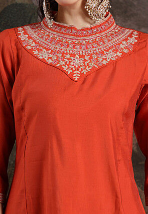 Embroidered Art Silk A Line Suit in Dark Orange