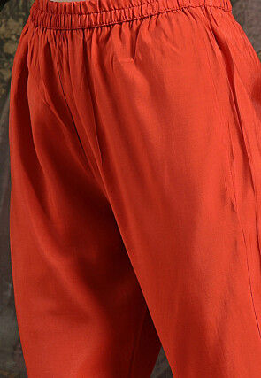 Embroidered Art Silk A Line Suit in Dark Orange