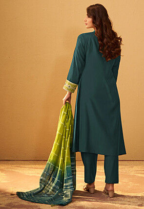 Embroidered Art Silk A Line Suit in Dark Teal Green