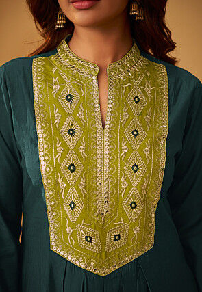 Embroidered Art Silk A Line Suit in Dark Teal Green