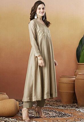 Embroidered Art Silk A Line Suit in Fawn