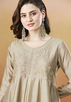 Embroidered Art Silk A Line Suit in Fawn