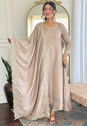 Embroidered Art Silk A Line Suit in Fawn