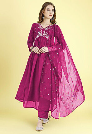 Embroidered Art Silk A Line Suit in Fuchsia