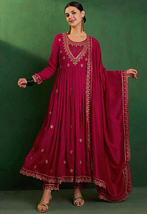 Embroidered Art Silk A Line Suit in Fuchsia