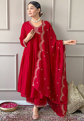 Embroidered Art Silk A Line Suit in Fuchsia