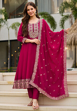 Embroidered Art Silk A Line Suit in Fuchsia