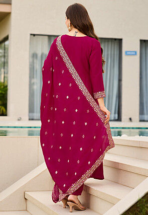 Embroidered Art Silk A Line Suit in Fuchsia
