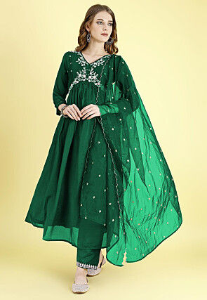 Embroidered Art Silk A Line Suit in Green