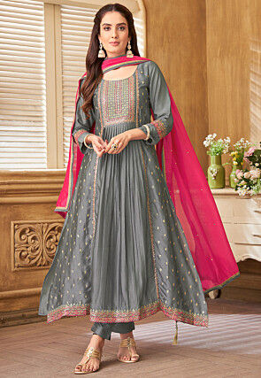 Embroidered Art Silk A Line Suit in Grey