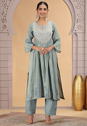 Embroidered Art Silk A Line Suit in Grey