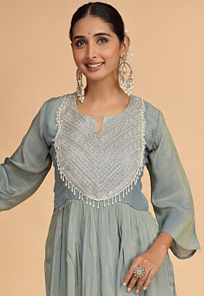 Embroidered Art Silk A Line Suit in Grey